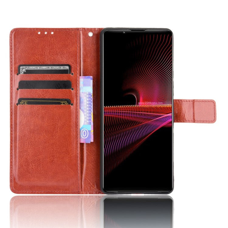 Crazy Horse Skin with Wallet Stand Leather Shell with Strap for Sony Xperia 1 III 5G - Brown