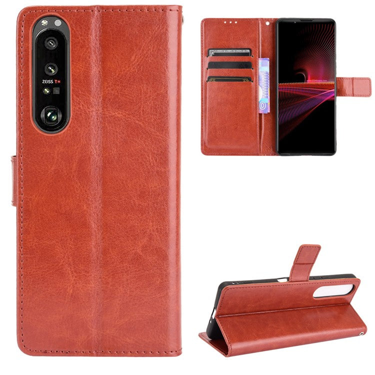 Crazy Horse Skin with Wallet Stand Leather Shell with Strap for Sony Xperia 1 III 5G - Brown