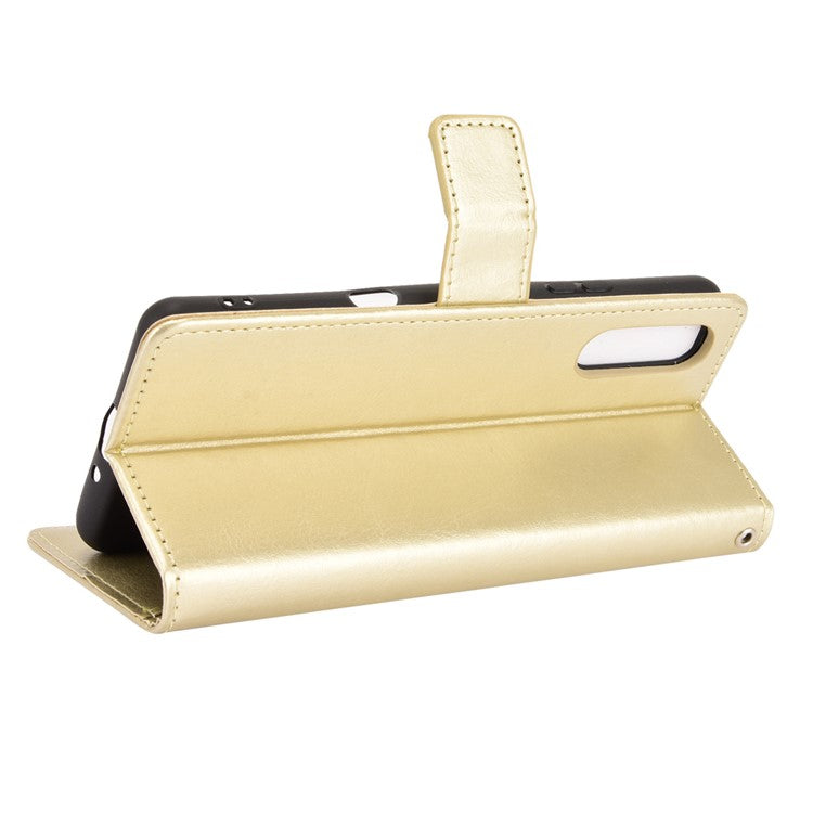 Crazy Horse Skin with Wallet Stand Leather Shell with Strap for Sony Xperia 10 III 5G - Gold