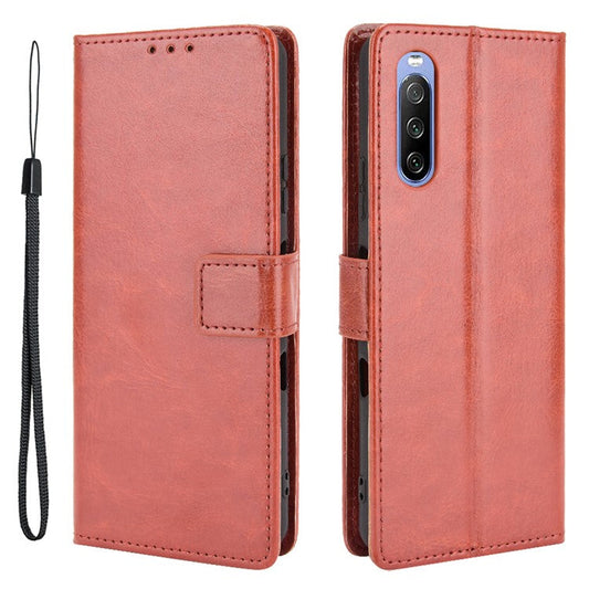 Crazy Horse Skin with Wallet Stand Leather Shell with Strap for Sony Xperia 10 III 5G - Brown