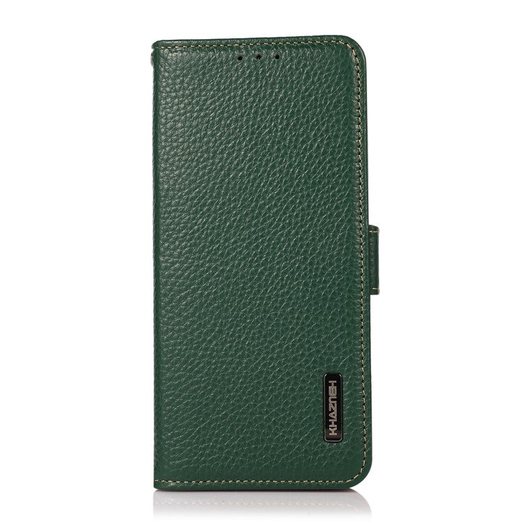 KHAZNEH RFID Blocking Litchi Texture Genuine Leather Phone Case with Anti-theft Swiping Design for Sony Xperia 1 III 5G - Green