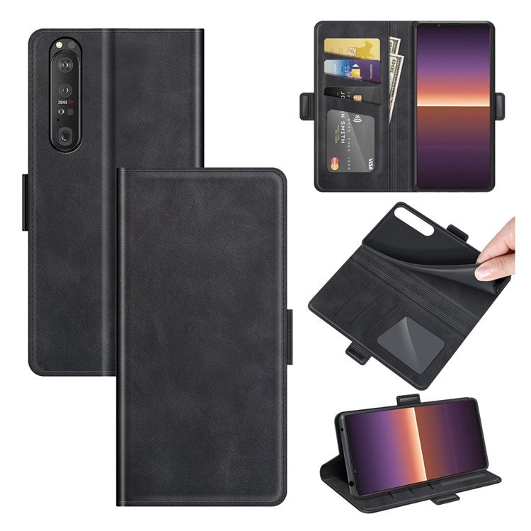 Magnetic Double Clasp PU Leather Wallet Stand Case Flip Cover for Sony Xperia 1 III 5G - Black