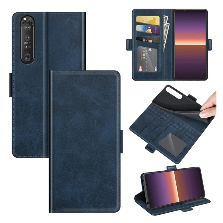 Magnetic Double Clasp PU Leather Wallet Stand Case Flip Cover for Sony Xperia 1 III 5G - Blue