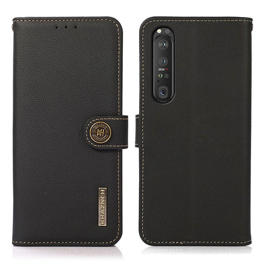 KHAZNEH Textured Genuine Leather Phone Shell Case with RFID Anti-theft Swiping Design for Sony Xperia 1 III 5G - Blue