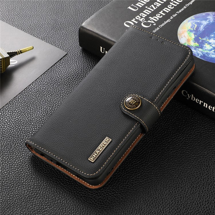 KHAZNEH Textured Genuine Leather Phone Shell Case with RFID Anti-theft Swiping Design for Sony Xperia 1 III 5G - Blue