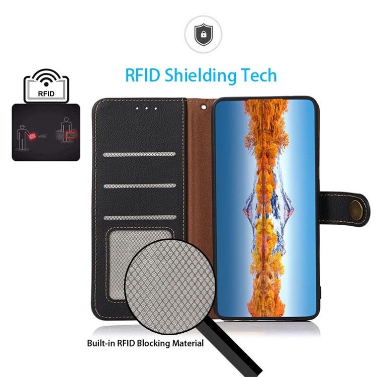KHAZNEH Textured Genuine Leather Phone Shell Case with RFID Anti-theft Swiping Design for Sony Xperia 1 III 5G - Blue