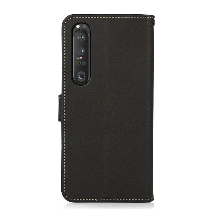 KHAZNEH Textured Genuine Leather Phone Shell Case with RFID Anti-theft Swiping Design for Sony Xperia 1 III 5G - Blue