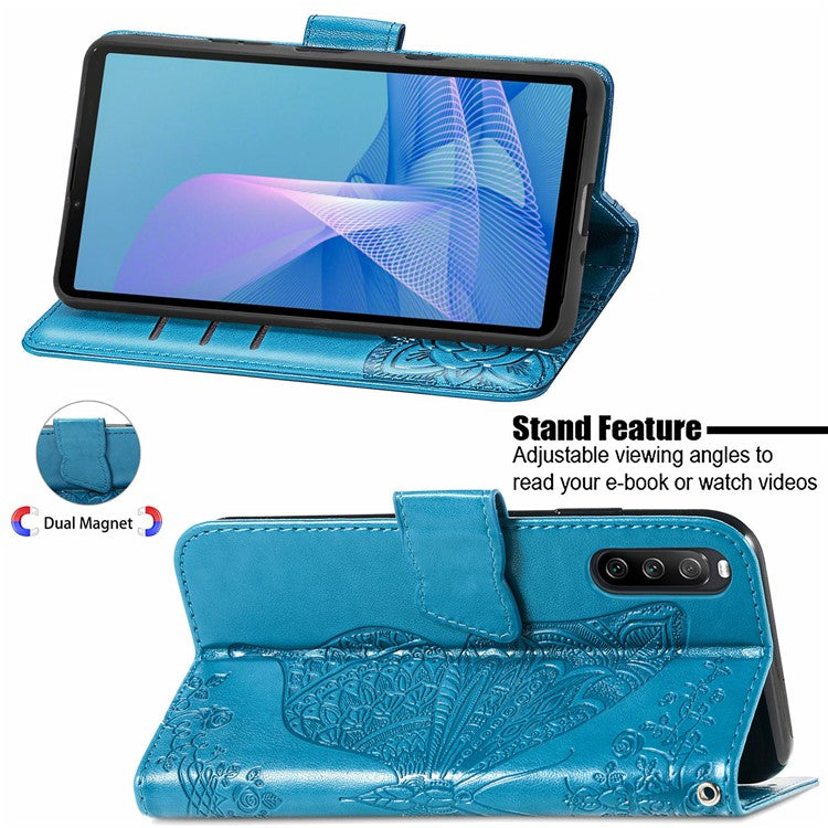 Big Butterfly Imprinted Leather Wallet Phone Shell Case for Sony Xperia 10 III 5G - Blue