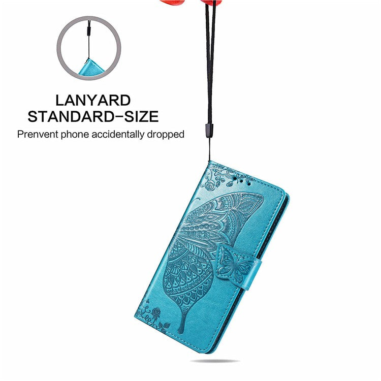 Big Butterfly Imprinted Leather Wallet Phone Shell Case for Sony Xperia 10 III 5G - Blue