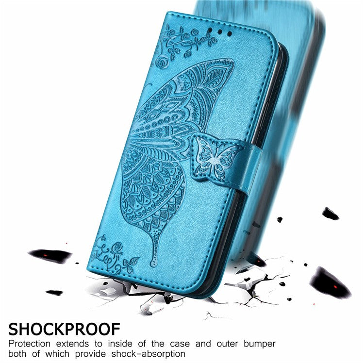 Big Butterfly Imprinted Leather Wallet Phone Shell Case for Sony Xperia 10 III 5G - Blue