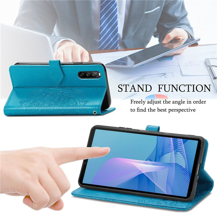 Imprinted Mandala Flower PU Leather Case with Wallet Stand Design for Sony Xperia 10 III 5G - Blue