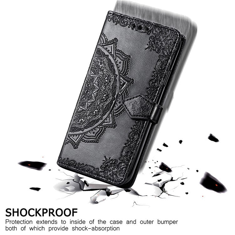 Imprinted Mandala Flower PU Leather Case with Wallet Stand Design for Sony Xperia 10 III 5G - Black