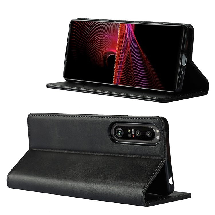 Auto-absorbed Wallet Leather Stand Shell for Sony Xperia 1 III 5G - Black