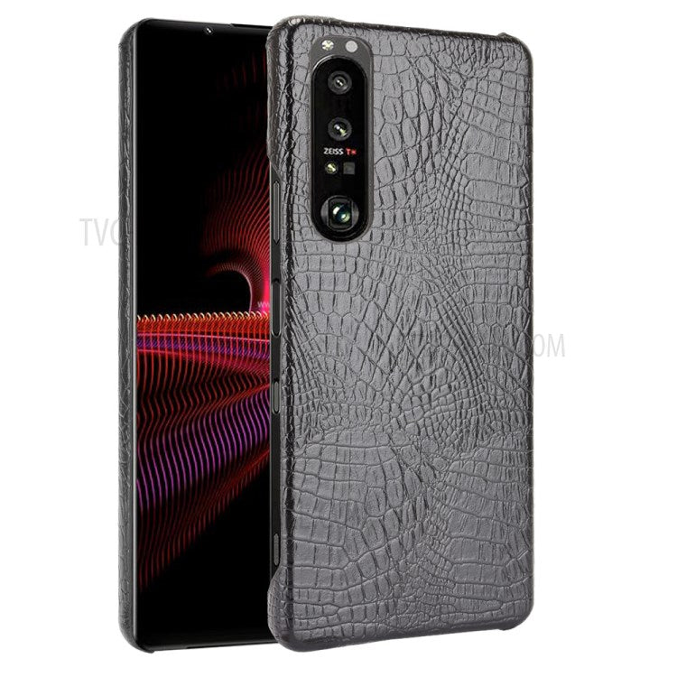 Crocodile Texture Phone Case for Sony Xperia 1 III 5G, Leather Coated Hard PC Phone Cover - Black