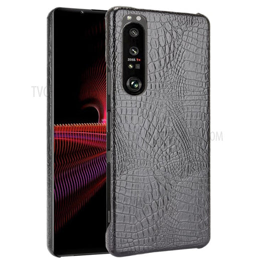 Crocodile Texture Phone Case for Sony Xperia 1 III 5G, Leather Coated Hard PC Phone Cover - Black
