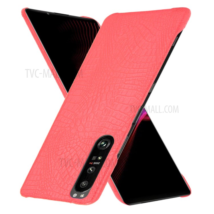 Crocodile Texture Phone Case for Sony Xperia 1 III 5G, Leather Coated Hard PC Phone Cover - Red