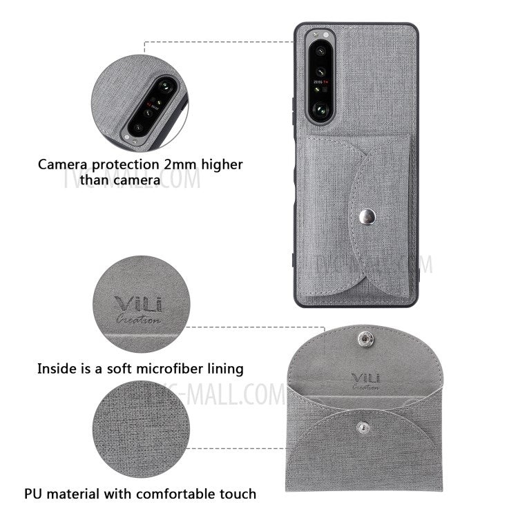 VILI T Series Leather Skin TPU Shell with Movable Magnetic-Absorbed Wallet for Sony Xperia 1 III 5G - Grey