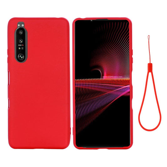 Solid Color Liquid Silicone Well-Protected Phone Protective Shell with Strap for Sony Xperia 1 III 5G - Red