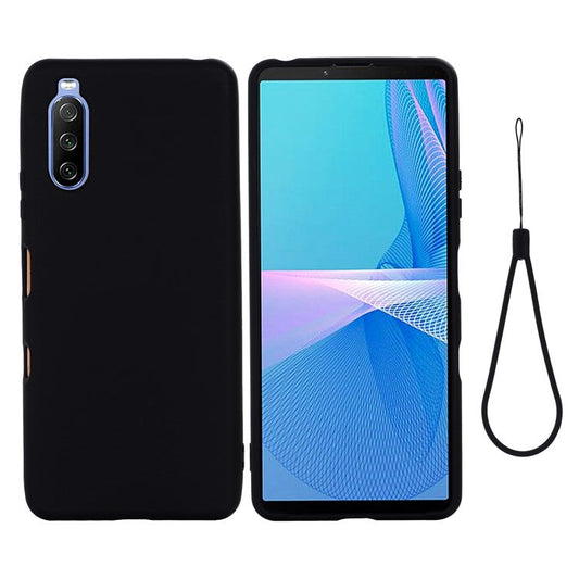 Solid Color Well-Protected Liquid Silicone Phone Protective Shell with Strap for Sony Xperia 10 III 5G - Black