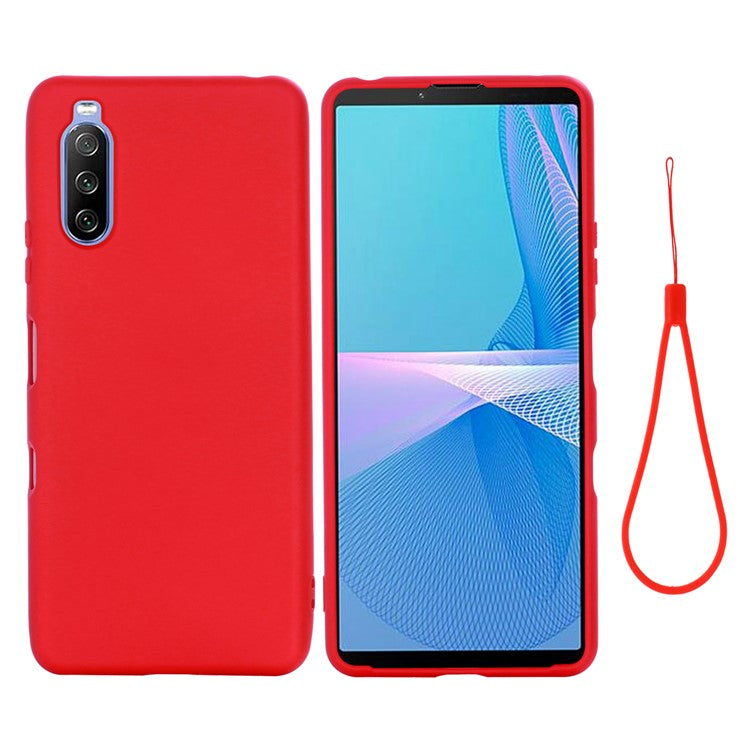 Solid Color Well-Protected Liquid Silicone Phone Protective Shell with Strap for Sony Xperia 10 III 5G - Red