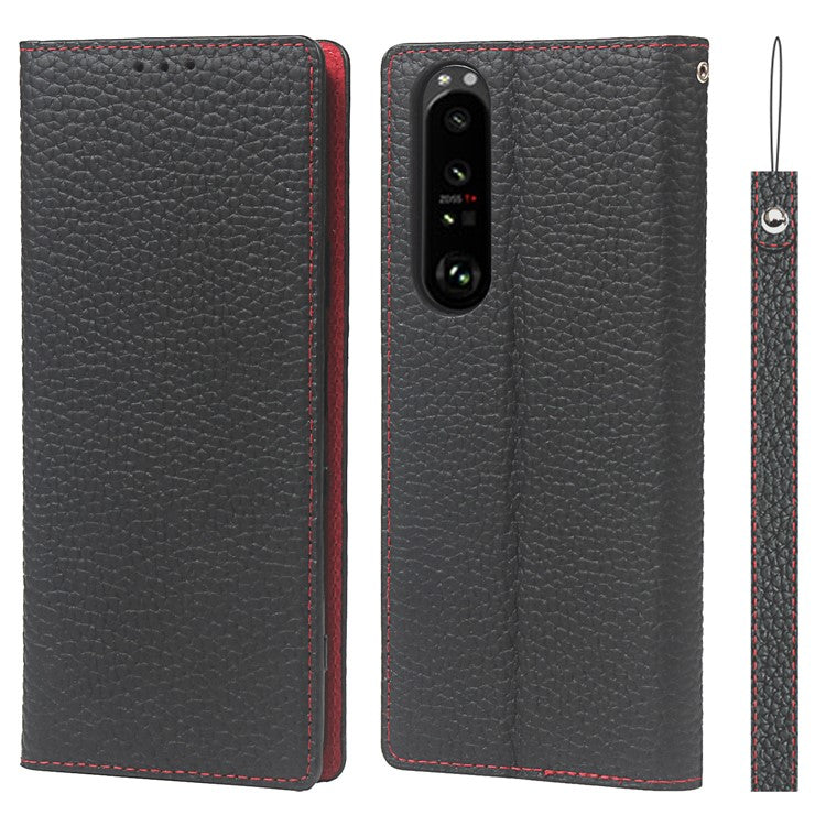 Litchi Texture Genuine Leather Stand Case Wallet Phone Cover for Sony Xperia 1 III 5G - Black