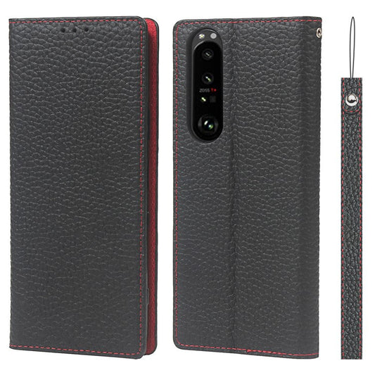Litchi Texture Genuine Leather Stand Case Wallet Phone Cover for Sony Xperia 1 III 5G - Black