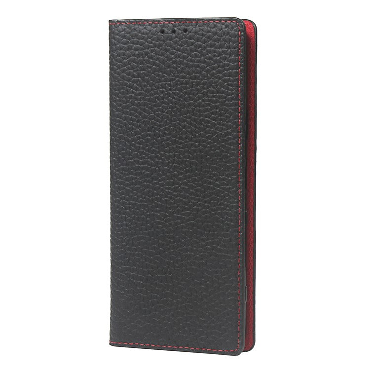 Litchi Texture Genuine Leather Stand Case Wallet Phone Cover for Sony Xperia 1 III 5G - Black