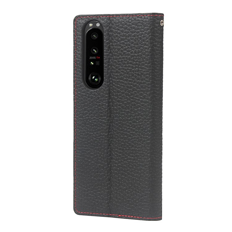 Litchi Texture Genuine Leather Stand Case Wallet Phone Cover for Sony Xperia 1 III 5G - Black