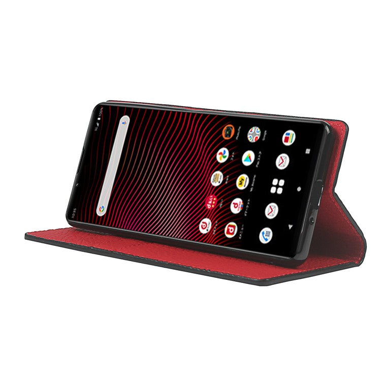 Litchi Texture Genuine Leather Stand Case Wallet Phone Cover for Sony Xperia 1 III 5G - Black