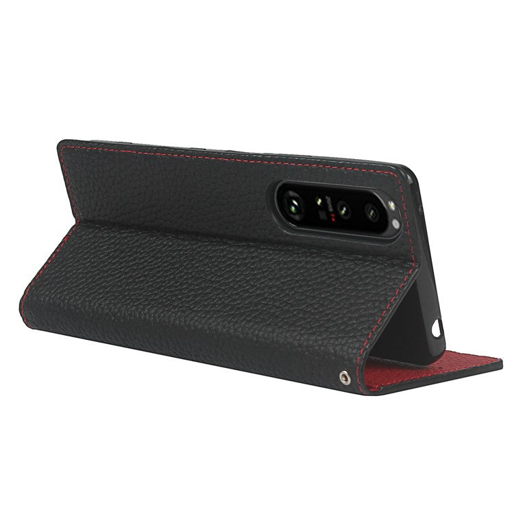 Litchi Texture Genuine Leather Stand Case Wallet Phone Cover for Sony Xperia 1 III 5G - Black