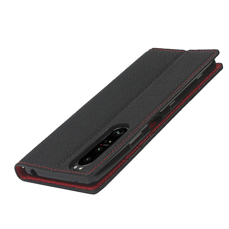 Litchi Texture Genuine Leather Stand Case Wallet Phone Cover for Sony Xperia 1 III 5G - Black