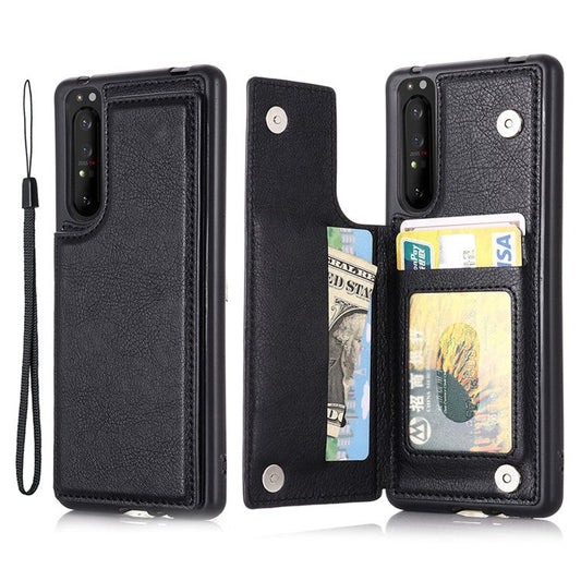 PU Leather Card Holder Design Phone Case with Kickstand for Sony Xperia 1 III 5G - Black