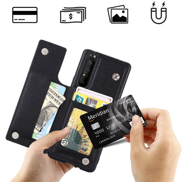 PU Leather Card Holder Design Phone Case with Kickstand for Sony Xperia 1 III 5G - Black