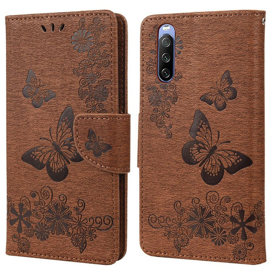 Butterfly Flower Imprinted PU Leather Wallet Magnetic Flip Protective Cover for Sony Xperia 10 III 5G - Brown