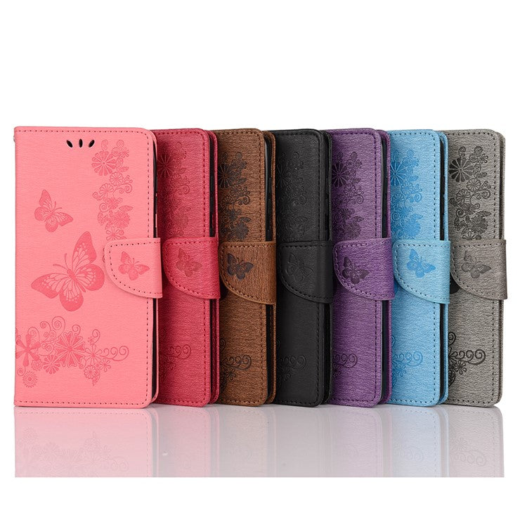 Butterfly Flower Imprinted PU Leather Wallet Magnetic Flip Protective Cover for Sony Xperia 10 III 5G - Pink