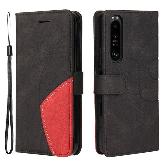 KT Leather Series-1 Bi-color Splicing Style Leather Wallet Phone Cover with Handy Strap for Sony Xperia 1 III 5G - Black
