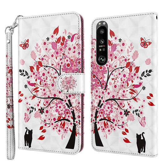 Pattern Printing Wallet Leather Protector Cover for Sony Xperia 1 III 5G - Pink Tree