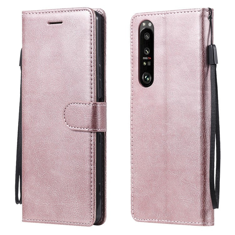KT Leather Series-2 Wallet Stand Leather Phone Cover with Strap Casing for Sony Xperia 1 III 5G - Rose Gold