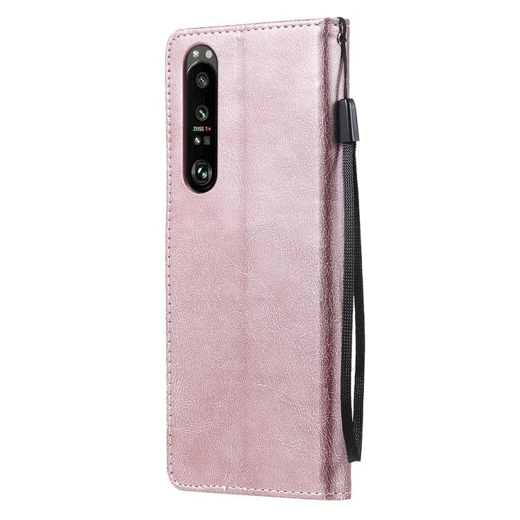 KT Leather Series-2 Wallet Stand Leather Phone Cover with Strap Casing for Sony Xperia 1 III 5G - Rose Gold