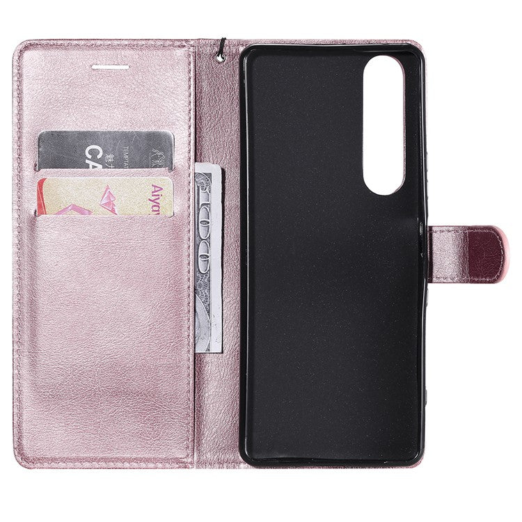 KT Leather Series-2 Wallet Stand Leather Phone Cover with Strap Casing for Sony Xperia 1 III 5G - Rose Gold