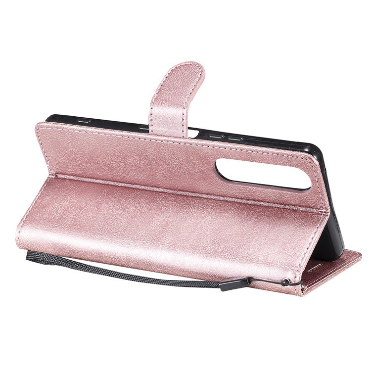 KT Leather Series-2 Wallet Stand Leather Phone Cover with Strap Casing for Sony Xperia 1 III 5G - Rose Gold