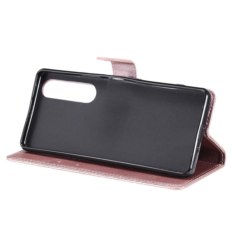 KT Leather Series-2 Wallet Stand Leather Phone Cover with Strap Casing for Sony Xperia 1 III 5G - Rose Gold