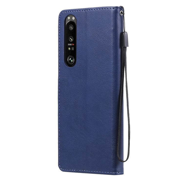 KT Leather Series-2 Wallet Stand Leather Phone Cover with Strap Casing for Sony Xperia 1 III 5G - Blue