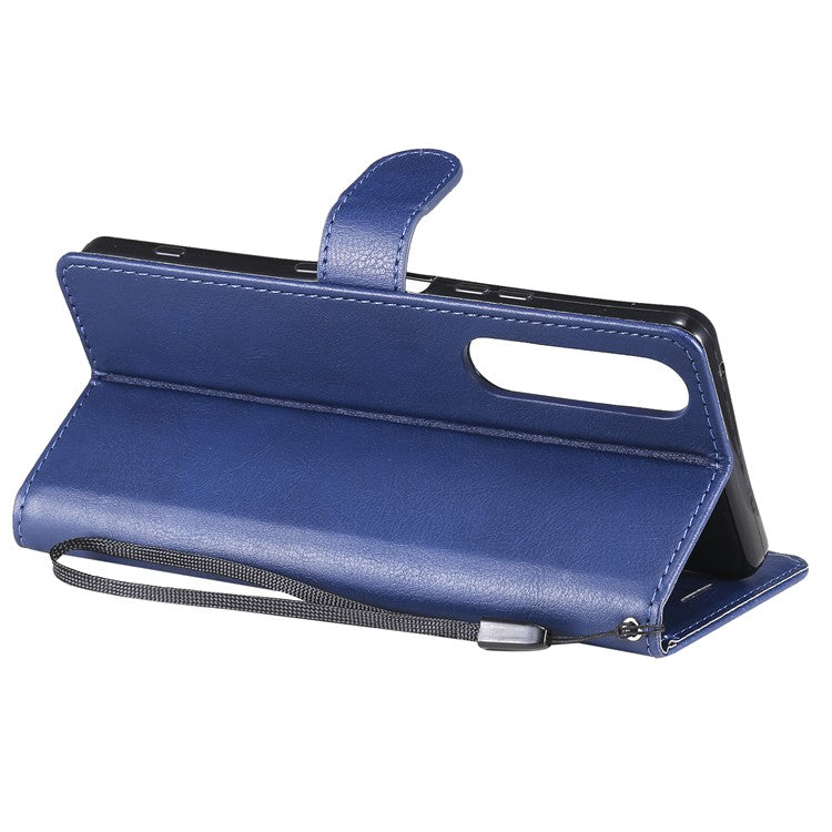 KT Leather Series-2 Wallet Stand Leather Phone Cover with Strap Casing for Sony Xperia 1 III 5G - Blue