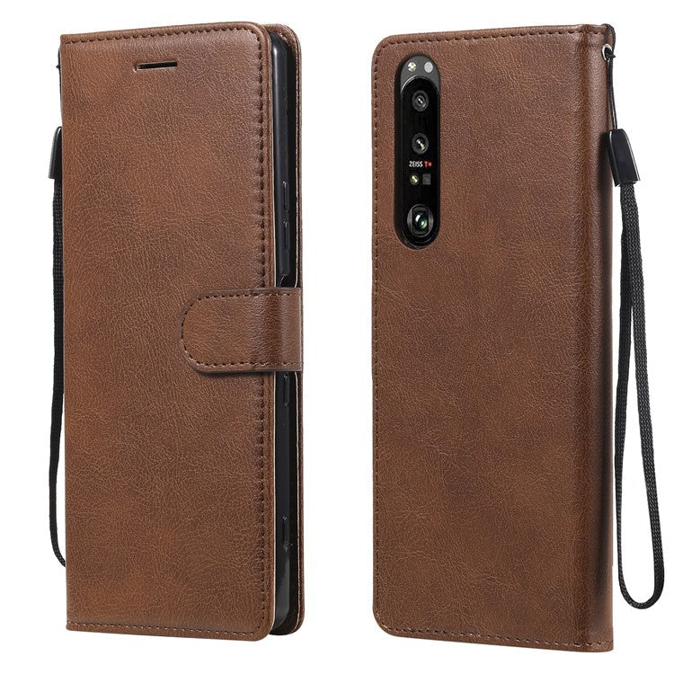 KT Leather Series-2 Wallet Stand Leather Phone Cover with Strap Casing for Sony Xperia 1 III 5G - Brown