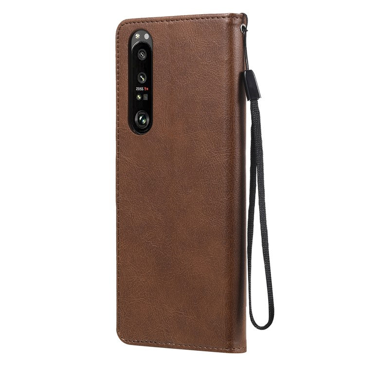 KT Leather Series-2 Wallet Stand Leather Phone Cover with Strap Casing for Sony Xperia 1 III 5G - Brown