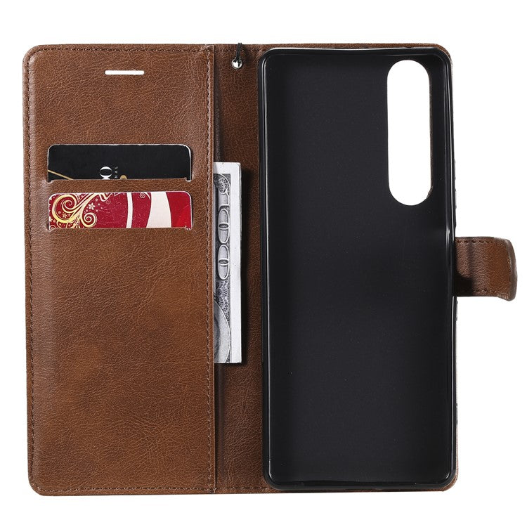 KT Leather Series-2 Wallet Stand Leather Phone Cover with Strap Casing for Sony Xperia 1 III 5G - Brown