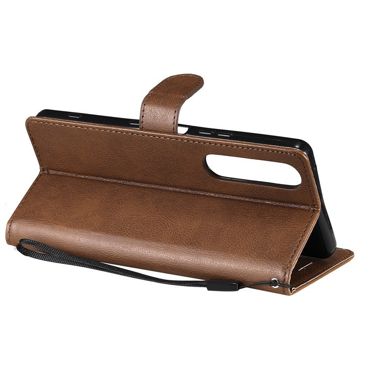 KT Leather Series-2 Wallet Stand Leather Phone Cover with Strap Casing for Sony Xperia 1 III 5G - Brown