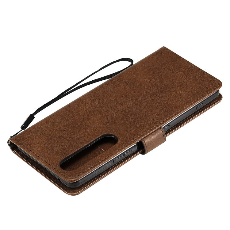 KT Leather Series-2 Wallet Stand Leather Phone Cover with Strap Casing for Sony Xperia 1 III 5G - Brown