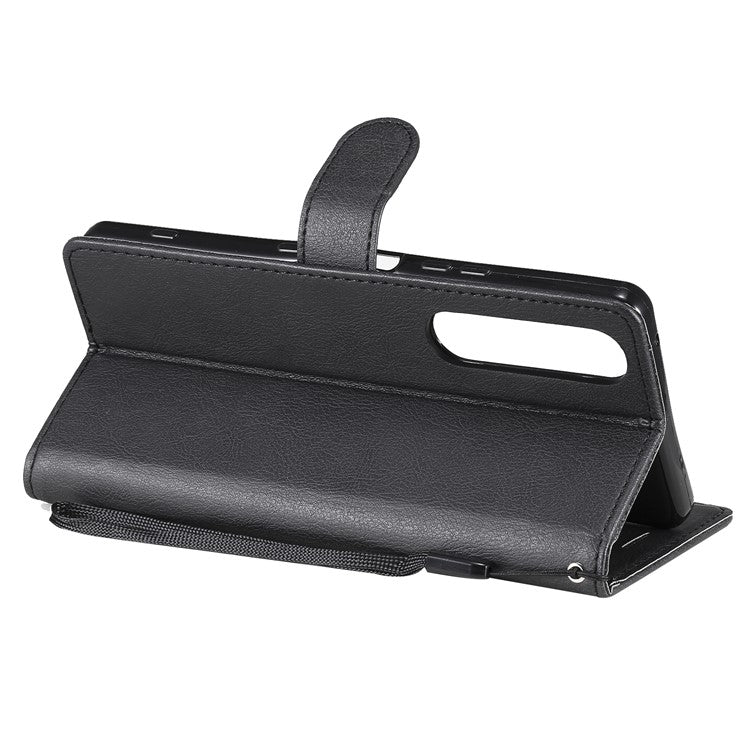 KT Leather Series-2 Wallet Stand Leather Phone Cover with Strap Casing for Sony Xperia 1 III 5G - Black